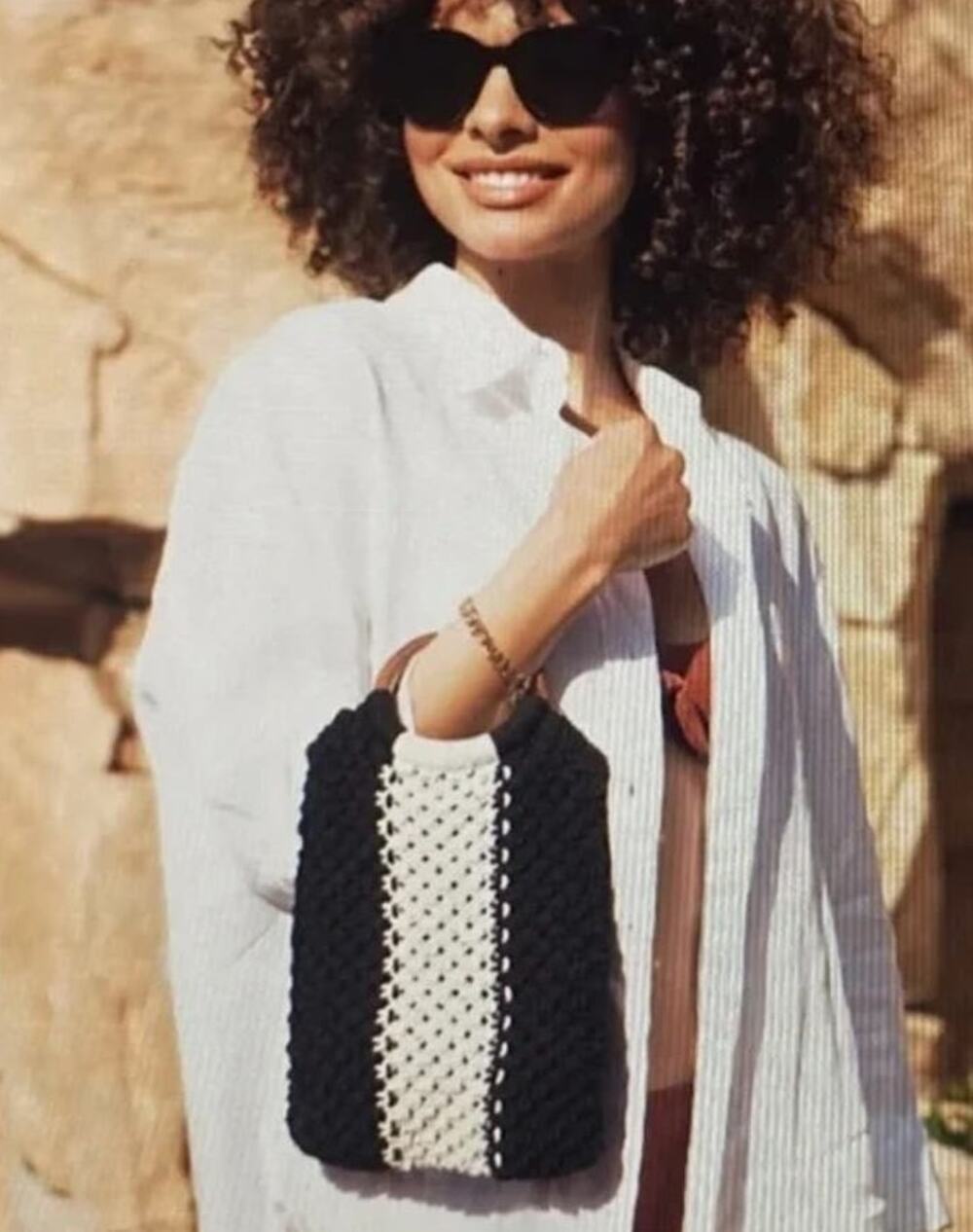 Laude the Label Mini Macrame Black and White Bag with Wooded Handles
